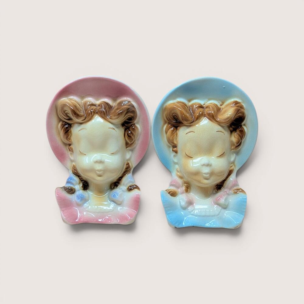 1950s Royal Copley Ceramic Lady Bonnet Wall Pocket Planter Pair